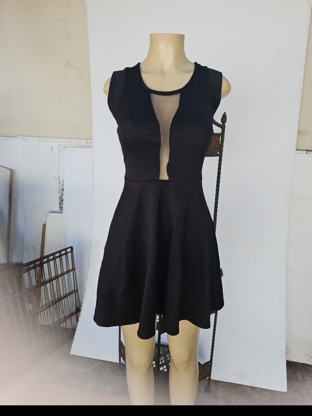 Black Sleeveless Mini Dress with Sheer Front Panel